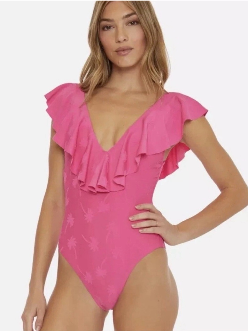 Trina Turk Women’s Size 12 Pink Palm Tree Ruffle Plunge One Piece Swimsuit